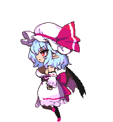1girl adapted_costume alternate_breast_size animated animated_gif bat_wings blue_hair breasts chibi detached_sleeves dress hat large_breasts mob_cap namako_daibakuhatsu pixel_art pointy_ears red_eyes remilia_scarlet running short_hair solo solo_focus touhou vampire wings