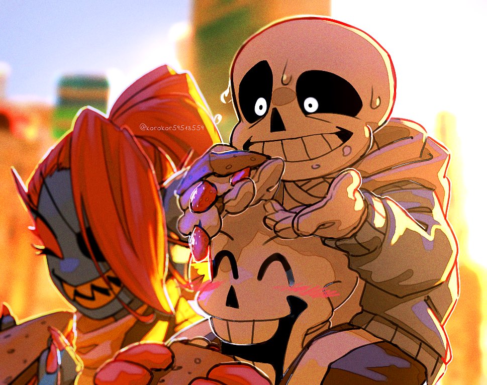 1girl 2boys blue_jacket blue_skin blush carrying closed_mouth colored_skin eating fins food head_fins holding holding_food hollow_eyes jacket korokor59513559 multiple_boys papyrus_(undertale) piggyback ponytail red_hair sans_(undertale) sharp_teeth skeleton sweat teeth twitter_username undertale undyne upper_body white_eyes