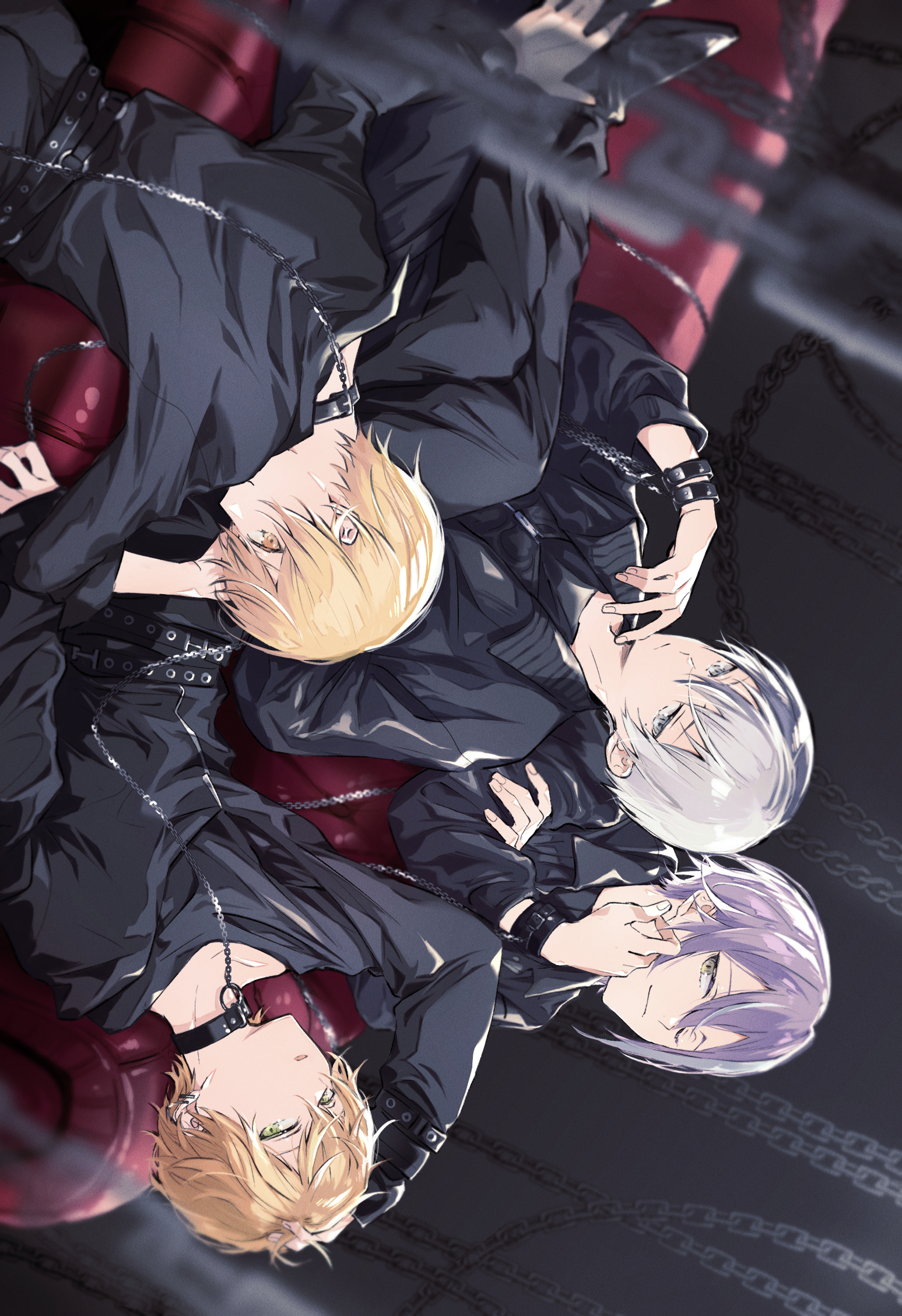 4boys alternate_costume aoyagi_touya aqua_hair black_shirt blonde_hair choker closed_mouth commentary_request dark_blue_moon fingernails green_eyes grey_eyes hair_between_eyes highres ifuudoudou_(vocaloid) kamishiro_rui kuuu_ilst leash long_sleeves looking_at_viewer male_focus multicolored_hair multiple_boys one_eye_closed orange_eyes orange_hair partial_commentary project_sekai purple_hair shinonome_akito shirt short_hair sideways_glance split-color_hair streaked_hair tenma_tsukasa three-quarter_sleeves two-tone_hair yellow_eyes
