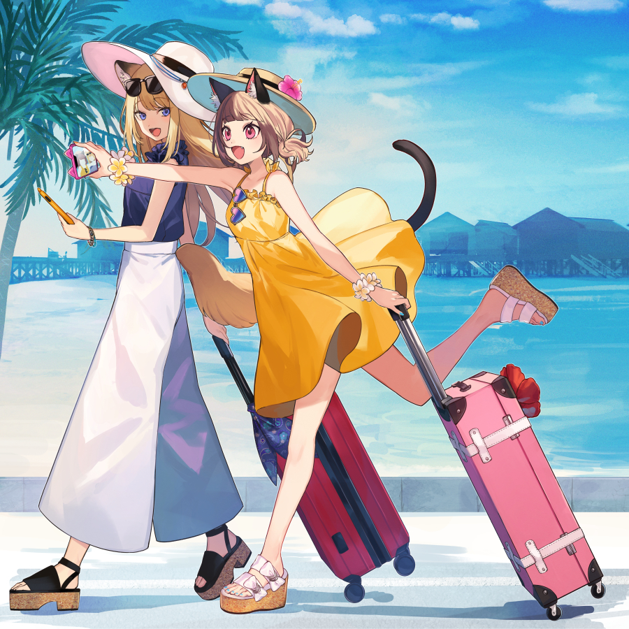 2girls :d album_cover animal_ears beach blonde_hair blue_sky brown_hair brown_hat cat_ears cat_girl cat_tail cellphone commentary_request cover dog_ears dog_girl dog_tail dress full_body hat heart heart-shaped_eyewear holding holding_phone holding_suitcase kmnz leg_up lita_(kmnz) liz_(kmnz) long_hair medium_hair multiple_girls ocean official_art open_mouth outdoors palm_tree pants phone purple-tinted_eyewear purple_eyes purple_shirt rolling_suitcase sandals shirt shugao sky smartphone smile suitcase sun_hat sundress tail tinted_eyewear tree twintails unworn_eyewear virtual_youtuber white_hat white_pants yellow_dress