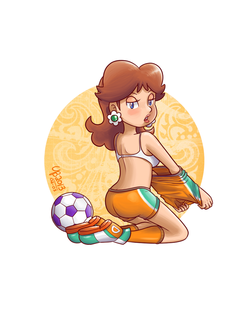 1girl ass ball blue_eyes blush bra breasts brown_hair earrings flower_earrings jewelry looking_at_viewer looking_back mario_(series) mario_strikers_(series) medium_breasts nintendo open_mouth princess_daisy shorts soccer_ball super_mario_strikers thebourgyman tomboy underwear undressing unworn_shirt