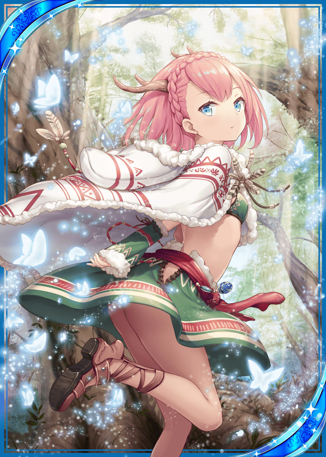 1girl akkijin antlers ass blue_eyes breasts brown_footwear bug butterfly cape card_(medium) cleavage deer_antlers forest hand_warmer horns insect looking_at_viewer nature official_art pink_hair shinkai_no_valkyrie shoes
