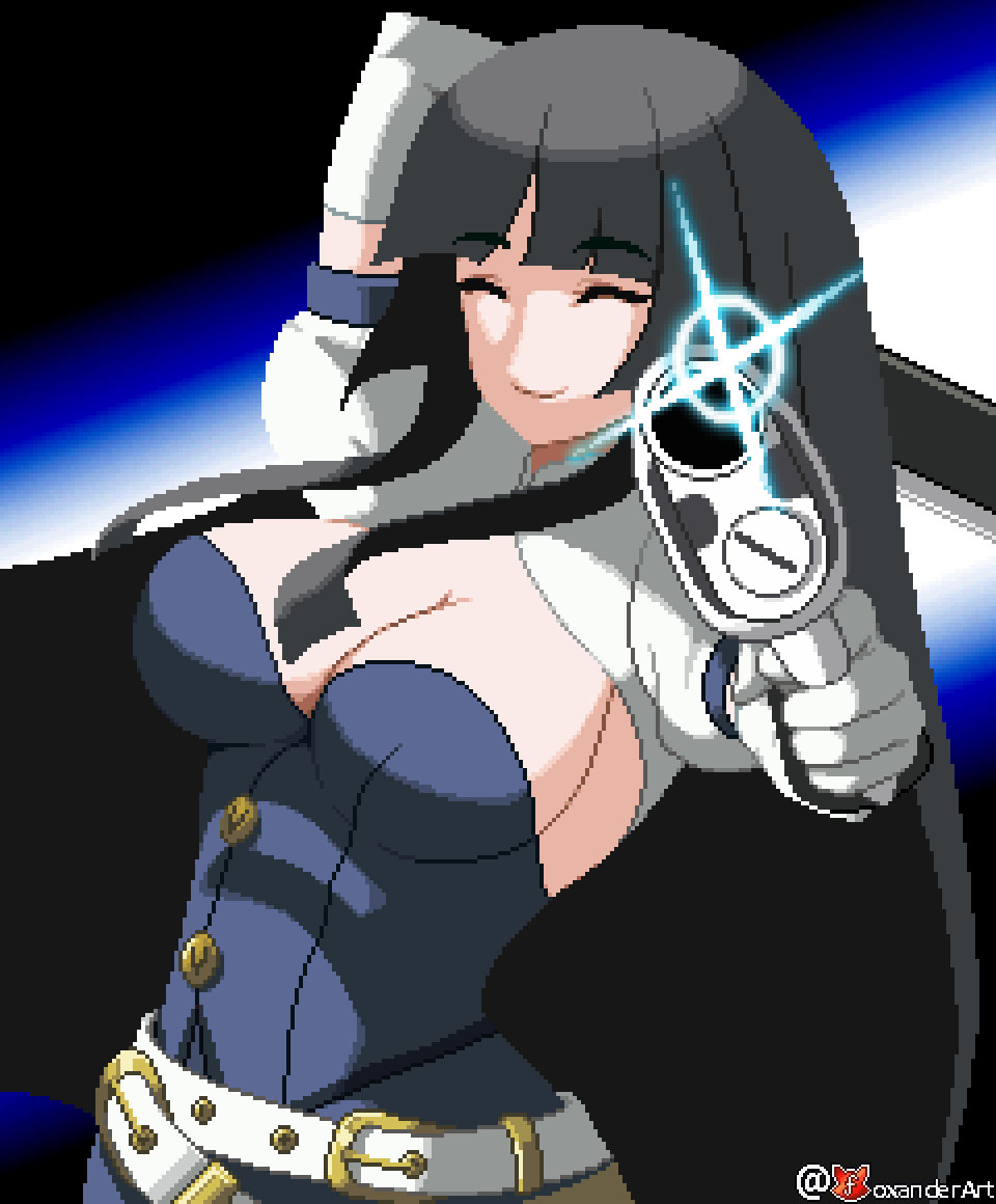 1girl belt black_hair blunt_bangs breasts cleavage closed_eyes dress elbow_gloves foxanderart gloves gun hime_cut holding holding_gun holding_weapon kaguya_jingu large_breasts long_hair multiple_belts pixel_art smile solo under_night_in-birth under_night_in-birth_2_sys:celes very_long_hair weapon white_gloves