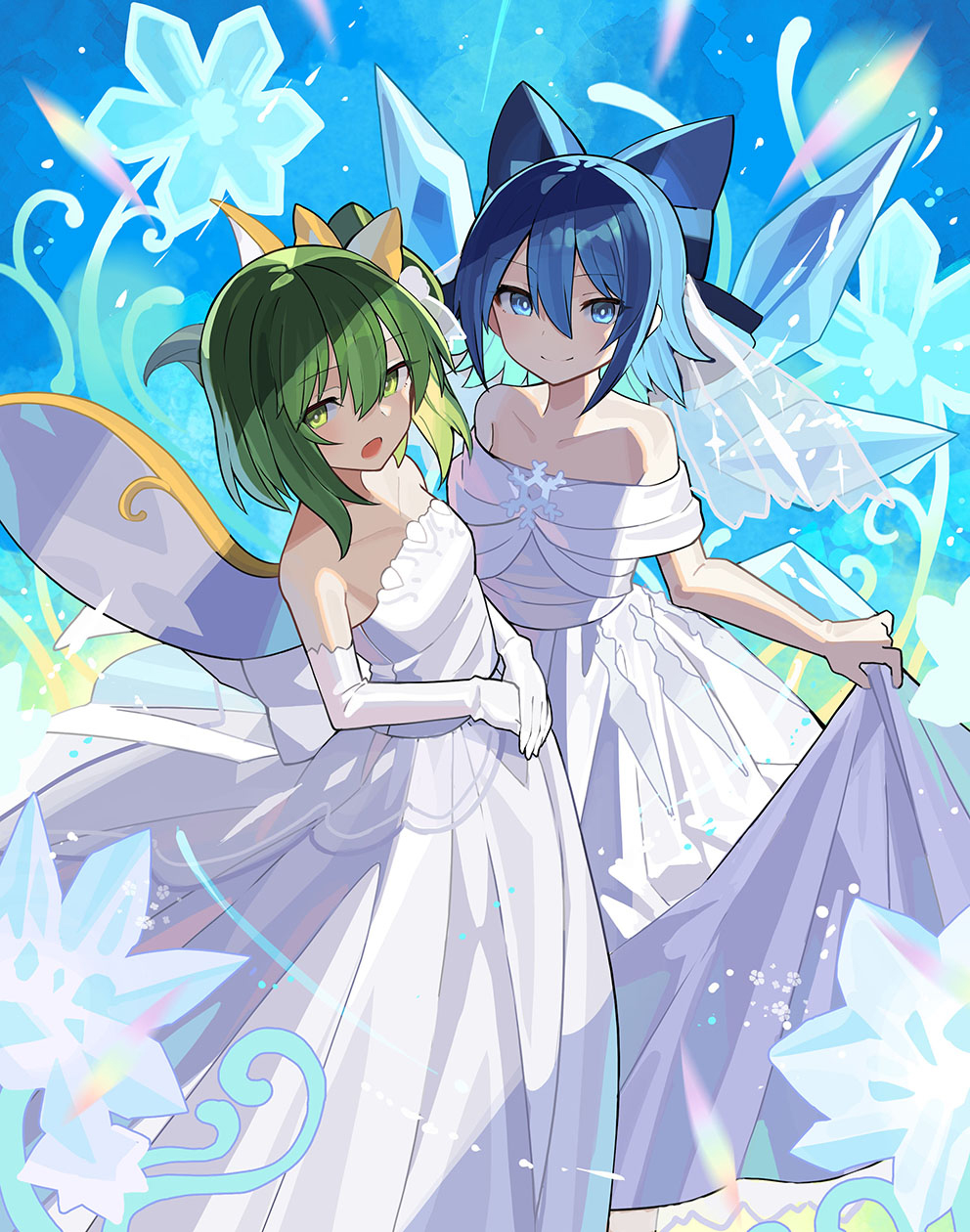 2girls alternate_costume bare_shoulders blue_bow blue_eyes blue_hair bow cirno closed_mouth collarbone commentary commission daiyousei dress elbow_gloves fairy_wings falken_(yutozin) feet_out_of_frame gloves green_eyes green_hair hair_between_eyes hair_bow highres ice ice_wings looking_at_viewer multiple_girls open_mouth revision short_hair skeb_commission smile split_mouth touhou wedding_dress white_dress white_gloves wings yellow_bow