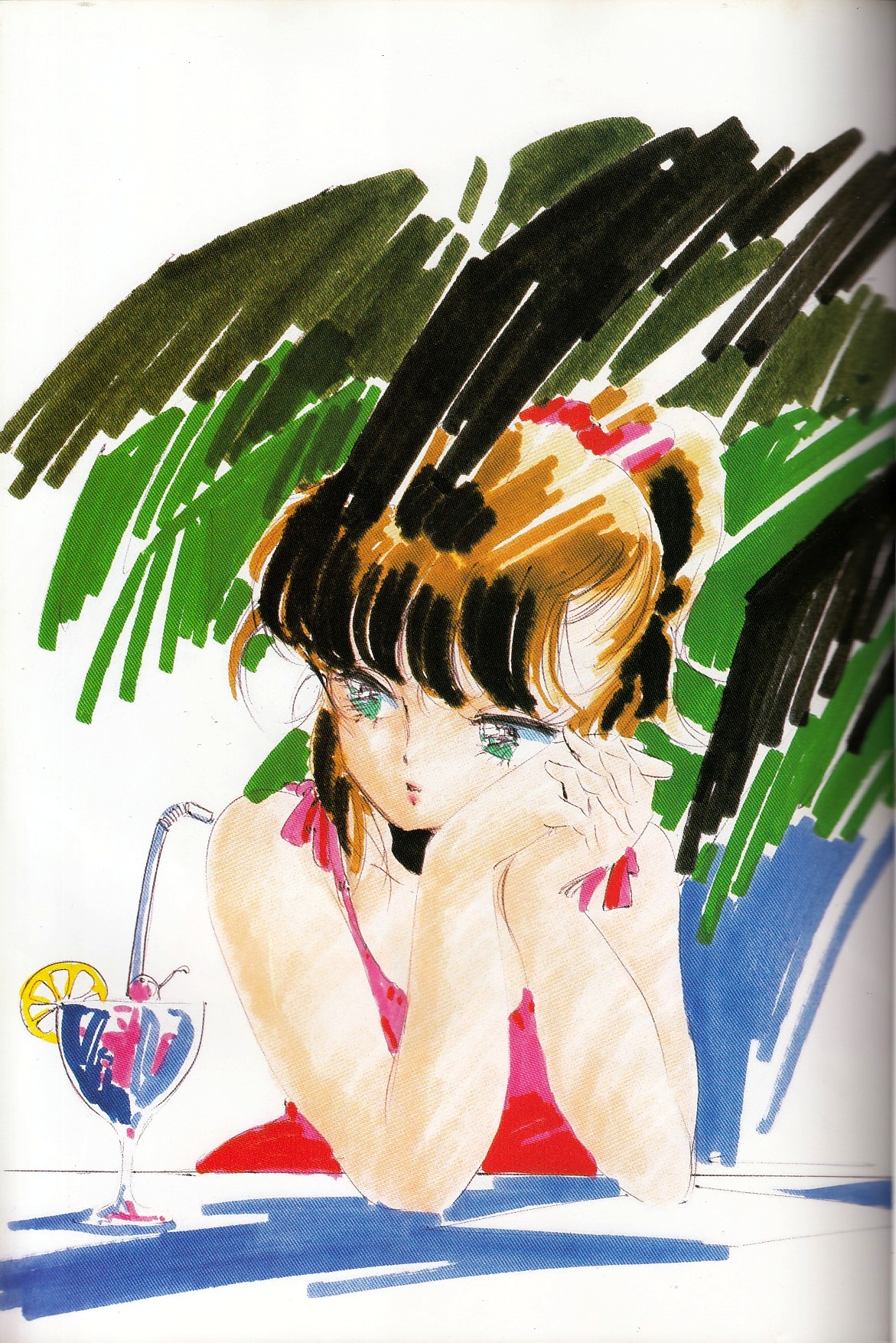 1980s_(style) 1girl brown_hair cocktail cream_lemon dress drink drinking_straw escalation green_eyes highres marker_(medium) non-web_source official_art oldschool oomori_midori palm_leaf parted_lips pink_dress retro_artstyle scan shingyouji_tatsuya solo traditional_media upper_body