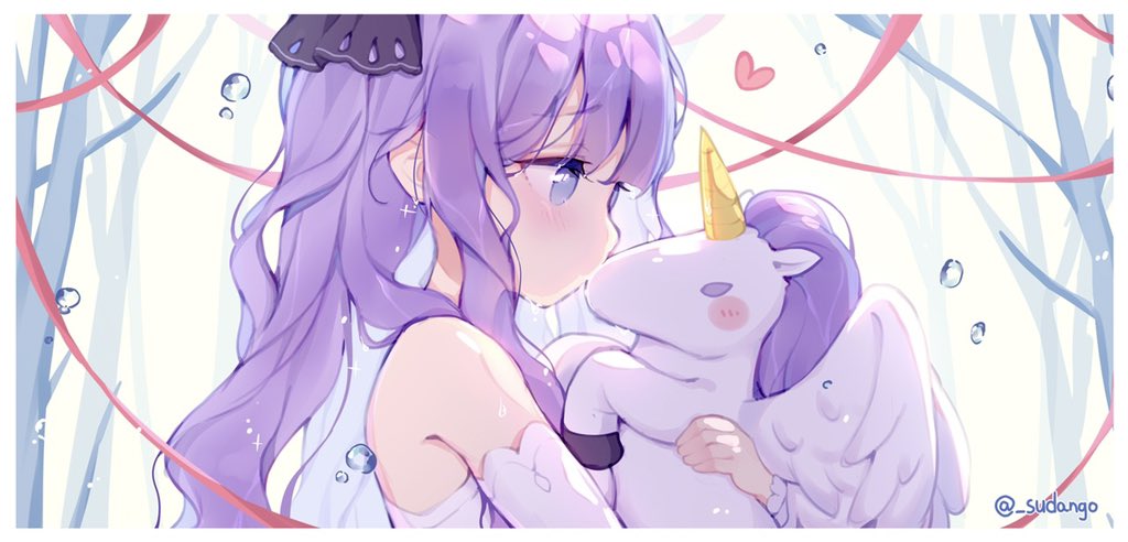 1girl artist_name azur_lane black_ribbon border commentary detached_sleeves dress furrowed_brow hair_ribbon holding holding_stuffed_toy kiss long_hair long_sleeves purple_eyes purple_hair ribbon sleeveless sleeveless_dress solo stuffed_toy stuffed_winged_unicorn sudango symbol-only_commentary unicorn_(azur_lane) white_border white_dress white_sleeves