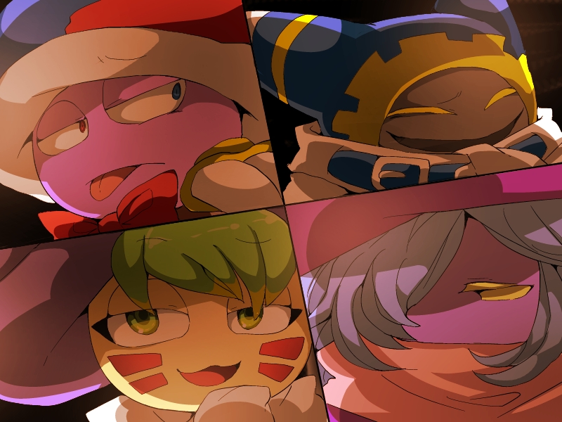 2boys 2girls :p animal_ears belt belt_buckle black_background blonde_hair blue_belt blue_eyes blue_hair blue_headwear blue_hood bow bowtie buckle cape closed_mouth colored_skin colored_tips commentary_request disembodied_hand drawcia evil_grin evil_smile eyelashes facial_mark frown gloves green_eyes green_hair grin gryll_(kirby) hair_over_one_eye half-closed_eye half-closed_eyes hat heterochromia hood hood_up jester_cap kirby_(series) long_hair looking_at_viewer magolor marx_(kirby) multicolored_hair multiple_boys multiple_girls nintendo open_mouth pink_scarf purple_headwear purple_skin red_bow red_bowtie red_eyes red_headwear scarf scarf_pull shirushiki short_hair smile socks tongue tongue_out two-tone_headwear white_cape white_gloves white_scarf white_socks witch_hat yellow_eyes yellow_skin yellow_wings