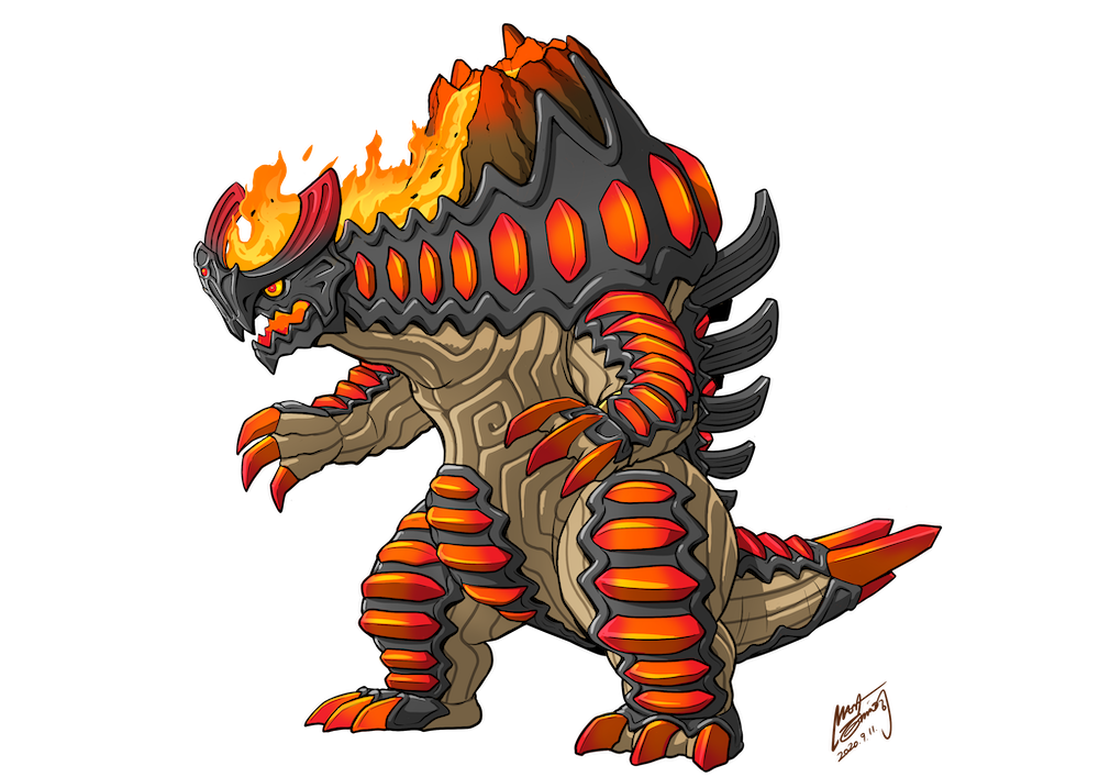 13am_games agnitor artist_name claws concept_art crown dawn_of_the_monsters earth_elemental elemental_(creature) fangs fire fire_elemental gem glowing glowing_eyes glowing_mouth kaiju lava_elemental lava monster nephilim_(dawn_of_the_monsters) nishikawa_shinji no_humans official_art open_mouth production_art red_eyes rock signature simple_background spikes tail teeth transparent_background wayforward yellow_eyes