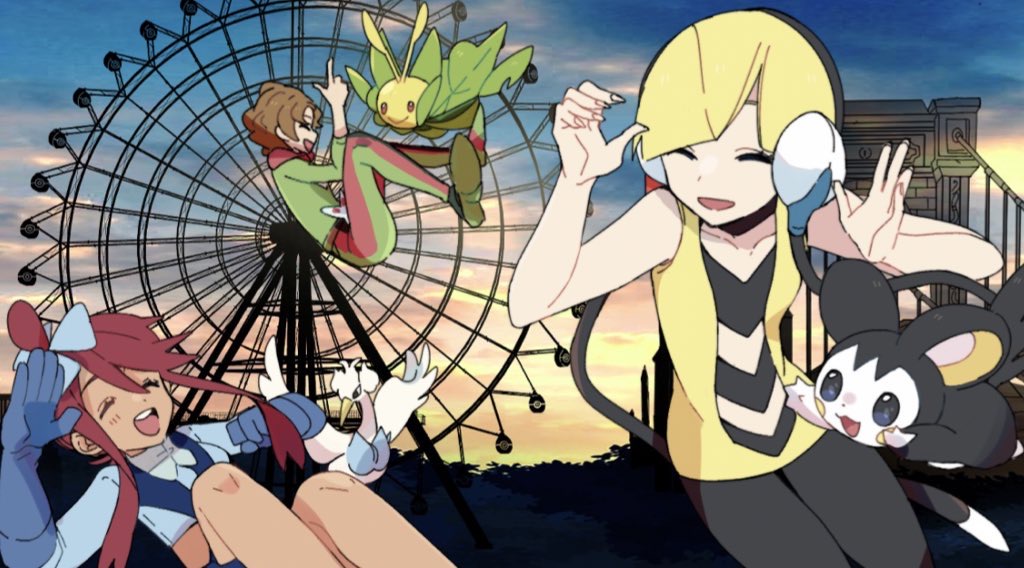 1boy 2girls bare_arms blonde_hair blue_jacket blunt_bangs burgh_(pokemon) cloud commentary_request creatures_(company) cropped_jacket elesa_(pokemon) emolga ferris_wheel game_freak gen_5_pokemon hair_ornament headphones jacket knees leavanny misha_(ohds101) multiple_girls nintendo one_side_up outdoors pantyhose pokemon pokemon_(creature) pokemon_bw red_hair short_hair short_hair_with_long_locks sidelocks sky skyla_(pokemon) sleeveless turtleneck