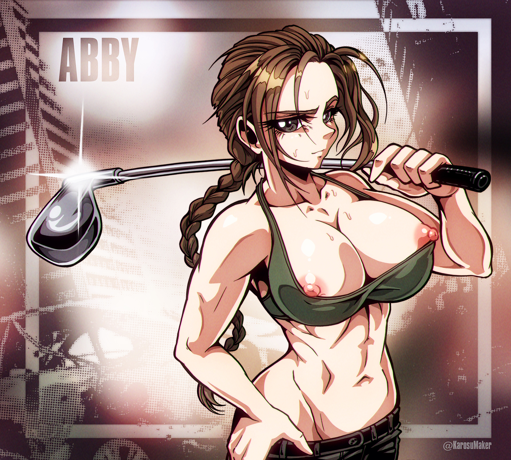 abigail_anderson artist_name black_pants bra breasts brown_eyes brown_hair golf_club green_bra hand_on_own_hip highres holding holding_golf_club karosu_maker large_breasts long_hair looking_at_viewer navel nipple_slip nipples pants ponytail solo sweat the_last_of_us_(series) the_last_of_us_2 underwear