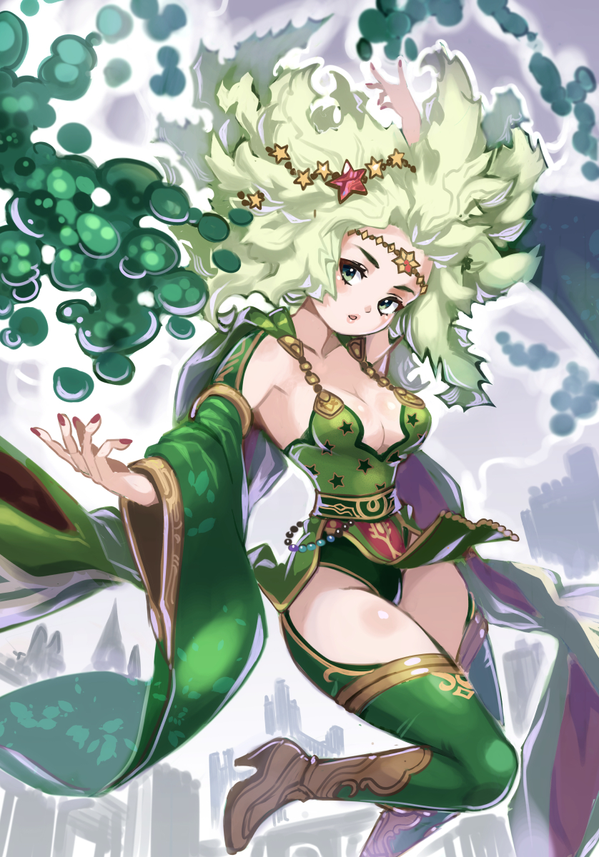1girl arm_up big_hair boots breasts brown_boots cape circlet cleavage detached_sleeves eyelashes final_fantasy final_fantasy_iv fingernails green_cape green_eyes green_hair green_leotard green_sleeves green_thighhighs hair_ornament hand_up high_heel_boots high_heels highres kuwango large_breasts leotard light_blush long_hair looking_at_viewer magic messy_hair nail_polish parted_lips pelvic_curtain red_nails rydia_(adult)_(ff4) rydia_(ff4) seiza sitting solo star_(symbol) star_hair_ornament star_print thighhighs thighs wide_sleeves