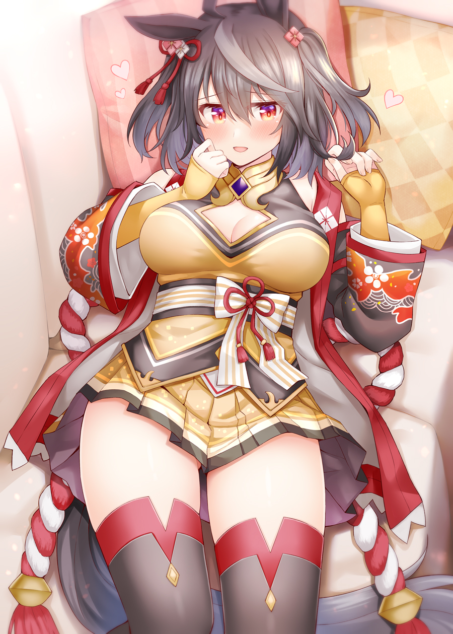 1girl ahoge animal_ears bare_shoulders black_hair black_thighhighs blush breasts cleavage commentary_request cowboy_shot detached_sleeves hair_between_eyes highres horse_ears horse_girl horse_tail kitasan_black_(umamusume) kouhaku_nawa long_sleeves looking_at_viewer lying medium_breasts on_back parted_lips pillow pleated_skirt rope rui_shi_(rayze_ray) shimenawa shirt short_hair skirt solo tail thighhighs umamusume wide_sleeves yellow_shirt yellow_skirt