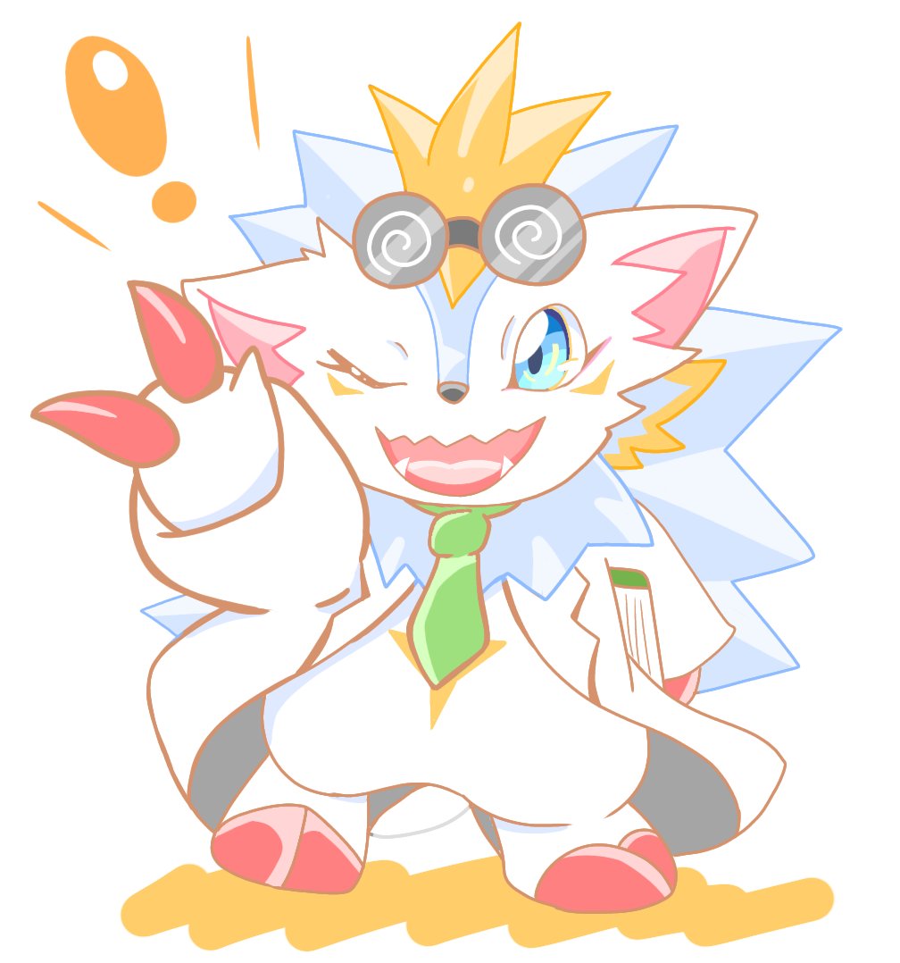 blue_eyes book digimon digimon_(creature) herissmon necktie one_eye_closed solo wink