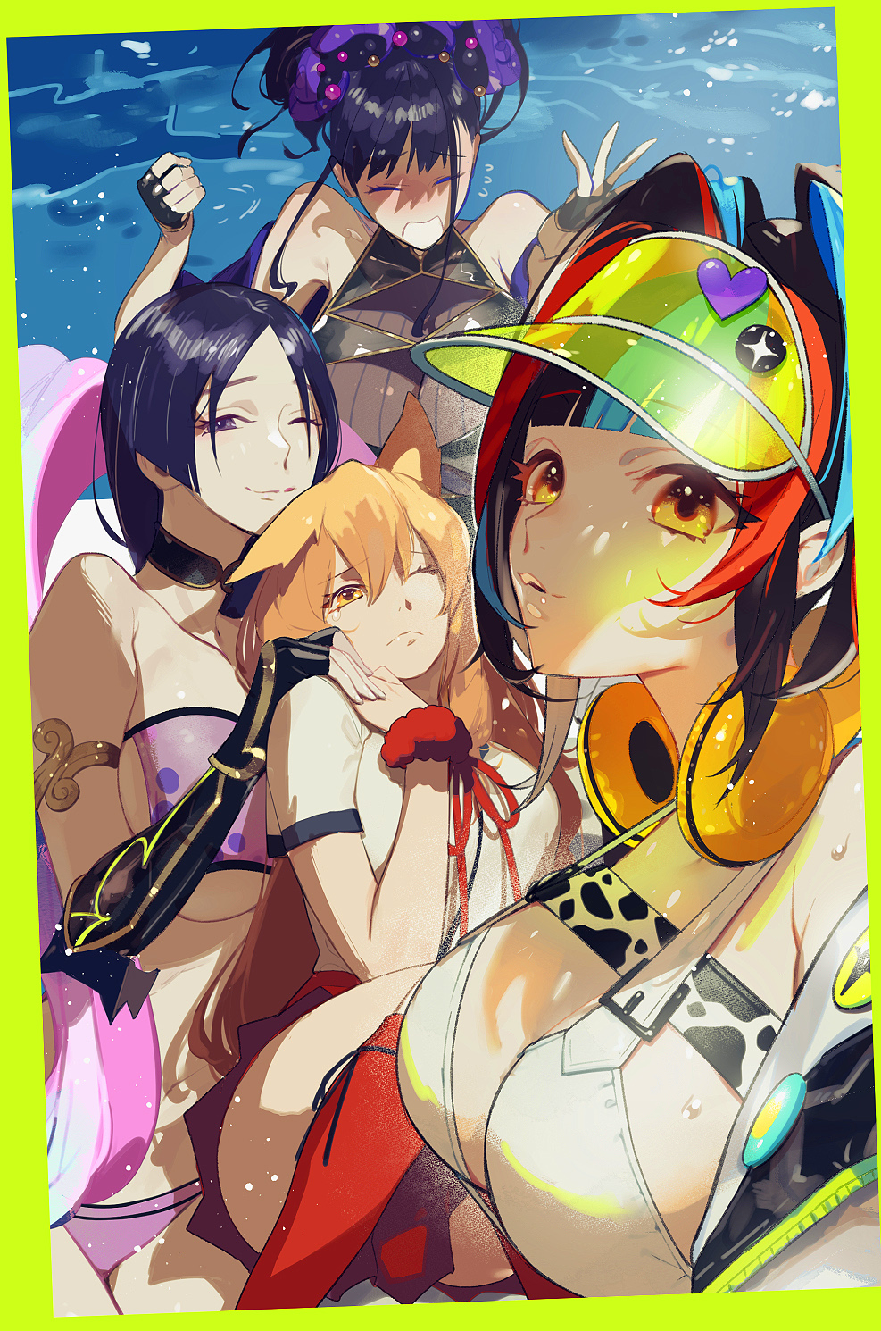 4girls animal_ears bikini breasts fate/grand_order fate_(series) fingerless_gloves fox_ears gloves hagoromo headphones headphones_around_neck highres large_breasts long_hair minamoto_no_raikou_(fate) minamoto_no_raikou_(fate/grand_order) minamoto_no_raikou_(swimsuit_lancer)_(fate) minamoto_no_raikou_(swimsuit_lancer)_(third_ascension)_(fate) multicolored_hair multiple_girls murasaki_shikibu_(fate) murasaki_shikibu_(swimsuit_rider)_(fate) murasaki_shikibu_(swimsuit_rider)_(first_ascension)_(fate) one-piece_swimsuit one_eye_closed orange_eyes orange_hair purple_hair scrunchie sei_shounagon_(fate) sei_shounagon_(swimsuit_berserker)_(fate) semi_(p-poco) shawl smile suzuka_gozen_(fate) swimsuit visor_cap wrist_scrunchie
