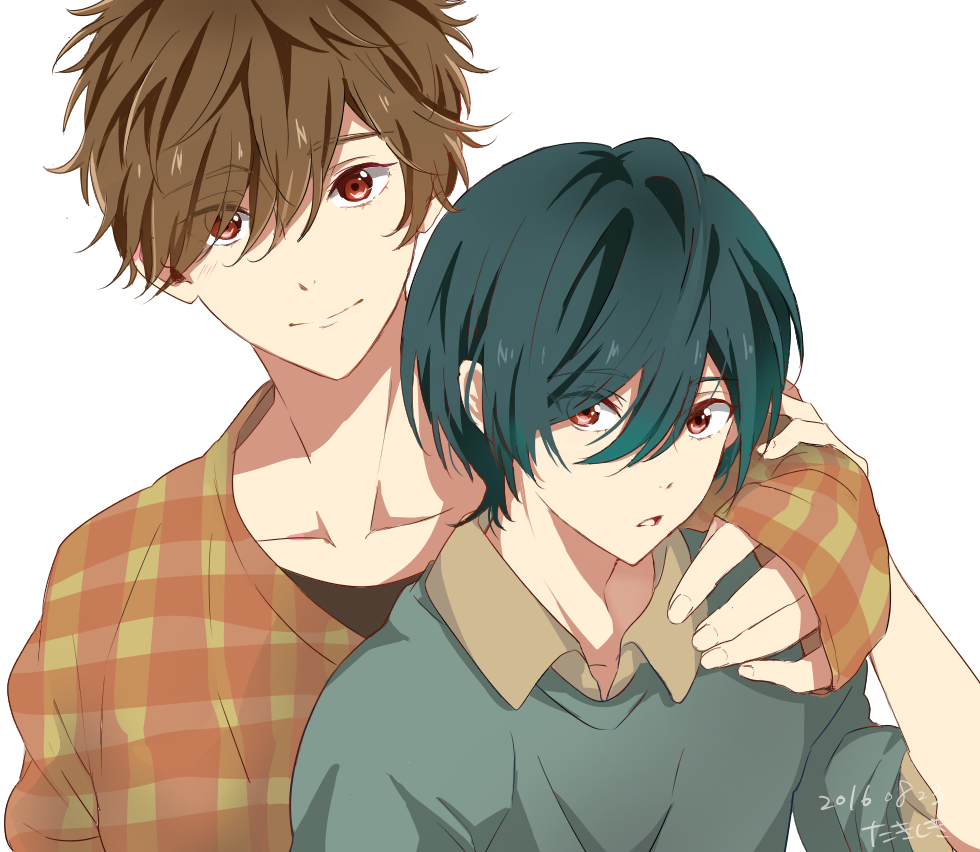 2boys brothers brown_hair green_hair high_speed! kirishima_ikuya kirishima_natsuya male_focus multiple_boys red_eyes short_hair takishiki