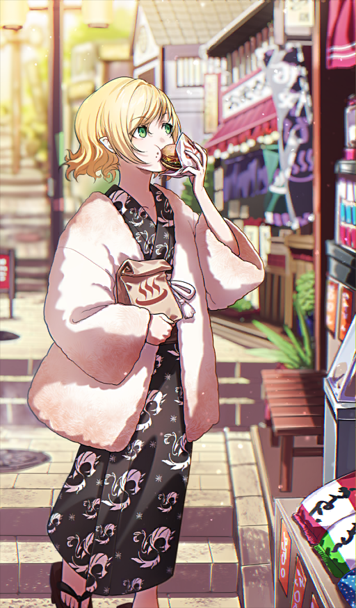 1boy androgynous architecture bag barefoot blonde_hair blurry blurry_background building burger commentary_request east_asian_architecture eating fate/grand_order fate_(series) food food_on_face foot_out_of_frame fumiko_(throughx2) green_eyes haori holding holding_bag holding_food japanese_clothes kimono kumano_onsen_satsujin_jiken long_sleeves looking_up lugh_beowulf mahou_tsukai_no_yoru male_focus official_art outdoors paper_bag pointy_ears sandals short_hair solo stairs third-party_source walking white_haori wide_sleeves yukata