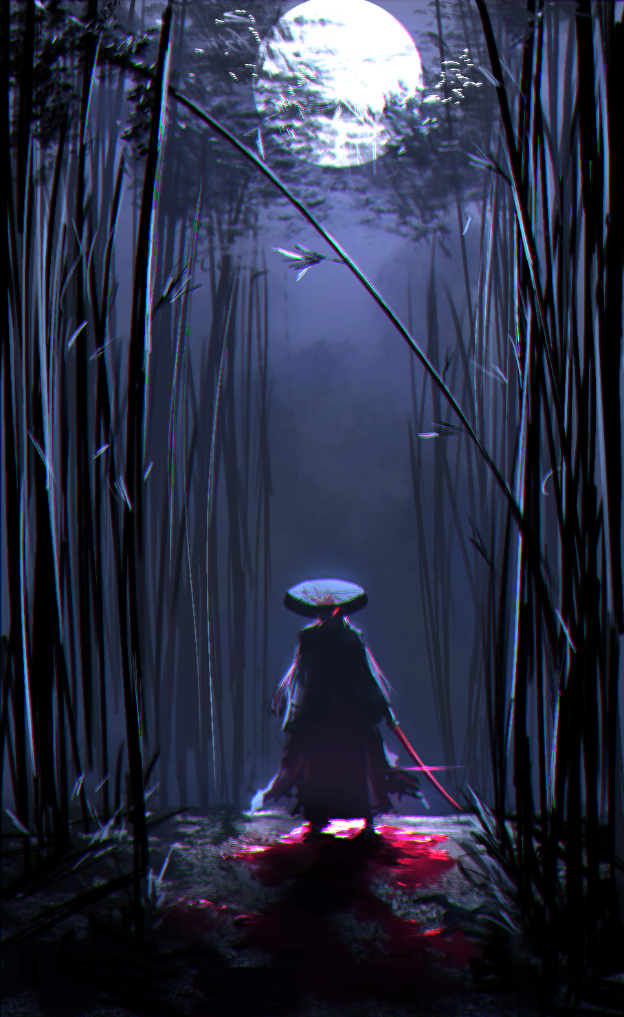 1boy ajirogasa bamboo bamboo_forest blood fate/grand_order fate_(series) forest full_body full_moon glowing glowing_eye hakama hakama_skirt hat highres holding holding_sword holding_weapon japanese_clothes katana long_hair male_focus moon nature night night_sky okada_izou_(fate) okada_izou_(second_ascension)_(fate) outdoors pool_of_blood red_eyes red_hair sandogasa skirt sky solo standing sword weapon wide_shot