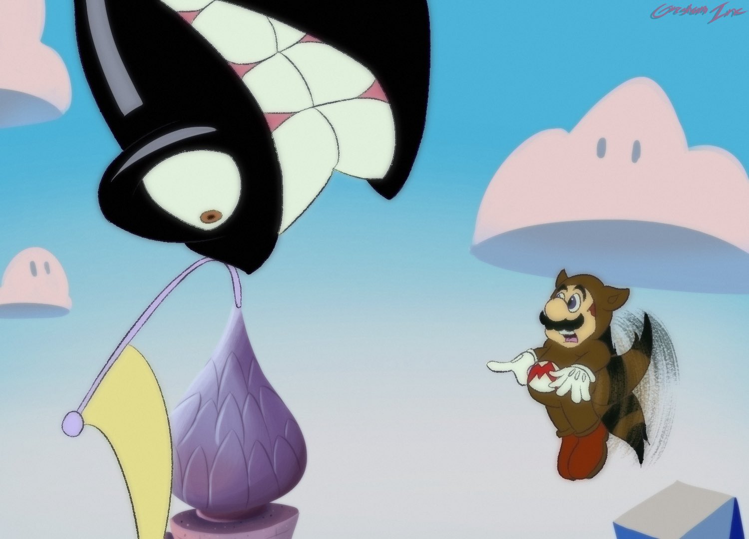 1boy animal_ears banzai_bill brown_footwear brown_hair cloud costume day evil_grin evil_smile facial_hair flagpole flying gloves gresham_kayden grin mario mario_(series) mustache nintendo open_mouth raccoon_costume raccoon_ears raccoon_tail shoes smile tail tanooki_mario teeth the_adventures_of_super_mario_bros._3 the_super_mario_bros._movie white_gloves