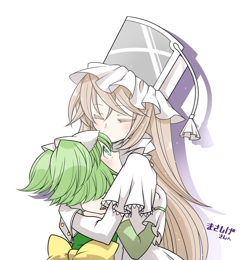 2girls child chitose_yuma closed_eyes green_hair hug iyofika long_hair looking_at_another looking_up magical_girl mahou_shoujo_madoka_magica mahou_shoujo_oriko_magica mikuni_oriko multiple_girls very_long_hair white_background white_hair