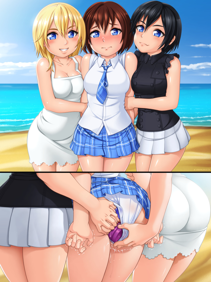 3girls anal anal_object_insertion arms_at_sides arms_behind_back ass bare_shoulders beach black_hair black_shirt blonde_hair blue_eyes blue_necktie blue_skirt blue_sky blush breasts brown_hair cleavage collarbone collared_shirt cowboy_shot day dildo dildo_under_clothes dildo_under_panties double_penetration dress embarrassed exhibitionism female_focus fingernails frilled_sleeves frills grabbing_another&#039;s_ass grabbing_from_behind groping hair_between_eyes harmonist11 highres holding_another&#039;s_arm jewelry kairi_(kingdom_hearts) kingdom_hearts large_breasts legs legs_together looking_at_viewer medium_breasts medium_hair miniskirt multiple_girls multiple_views namine necktie object_insertion outdoors panties plaid_clothes plaid_skirt pleated_skirt public_indecency pussy_juice red_hair sand school_uniform seductive_gaze seductive_smile sex_toy shirt short_hair short_sleeves skin_tight skindentation skirt sky sleeveless sleeveless_dress smile spaghetti_strap striped_clothes striped_necktie striped_skirt teeth thighs trembling uncensored underwear vaginal vaginal_object_insertion water white_dress white_panties white_shirt white_skirt xion_(kingdom_hearts)