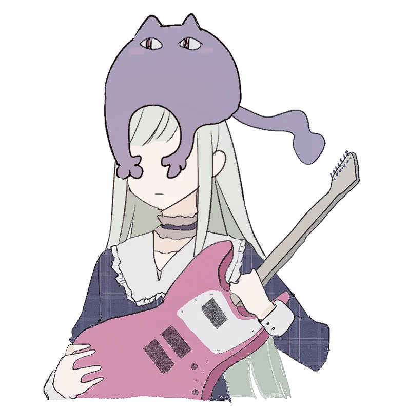 1girl animalization bang_dream! bang_dream!_it&#039;s_mygo!!!!! blue_choker blue_dress choker commentary dress electric_guitar green_hair guitar instrument long_hair no_strings reiboubyou simple_background solo unmoving_pattern wakaba_mutsumi white_background yuutenji_nyamu