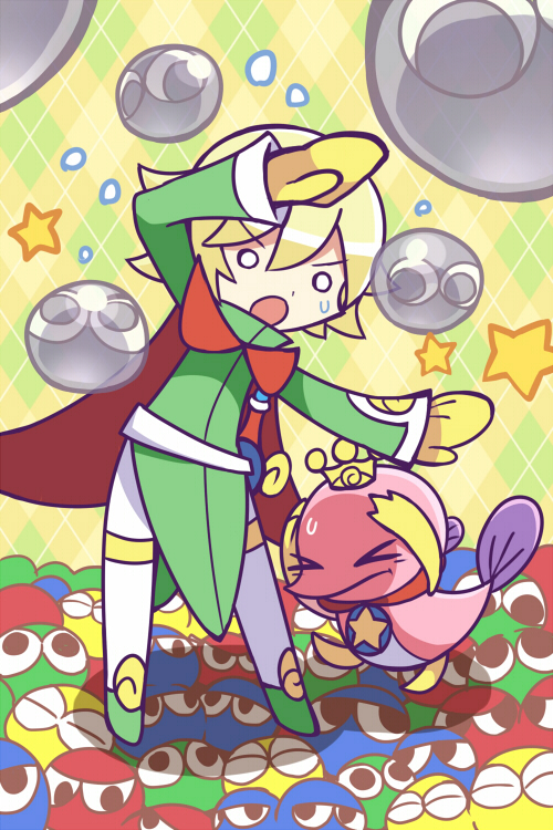 &gt;_&lt; 2boys :o argyle_background arm_up blonde_hair brooch cape covering_face dadadanoda deformed double-parted_bangs fish_boy flipped_hair green_background green_footwear green_tunic hair_between_eyes height_difference jewelry leaning_to_the_side male_focus mittens monster_boy multiple_boys o_o ocean_prince official_style otomo_(puyopuyo) outstretched_arm pantyhose protecting puyo_(puyopuyo) puyopuyo puyopuyo_fever_2 red_cape sash shading_eyes short_hair standing star_(symbol) star_brooch sweatdrop tiara tunic two-tone_background white_pantyhose white_sash yellow_background yellow_mittens