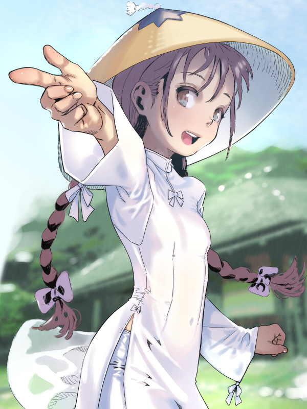 1girl ao_dai bow braid breasts brown_hair cowboy_shot female_focus hair_bobbles hair_ornament hat long_hair long_sleeves looking_at_viewer open_mouth original outdoors pointing rice_hat sidelocks small_breasts smile solo soon_(c-u-soon) teeth twin_braids upper_teeth_only white_bow