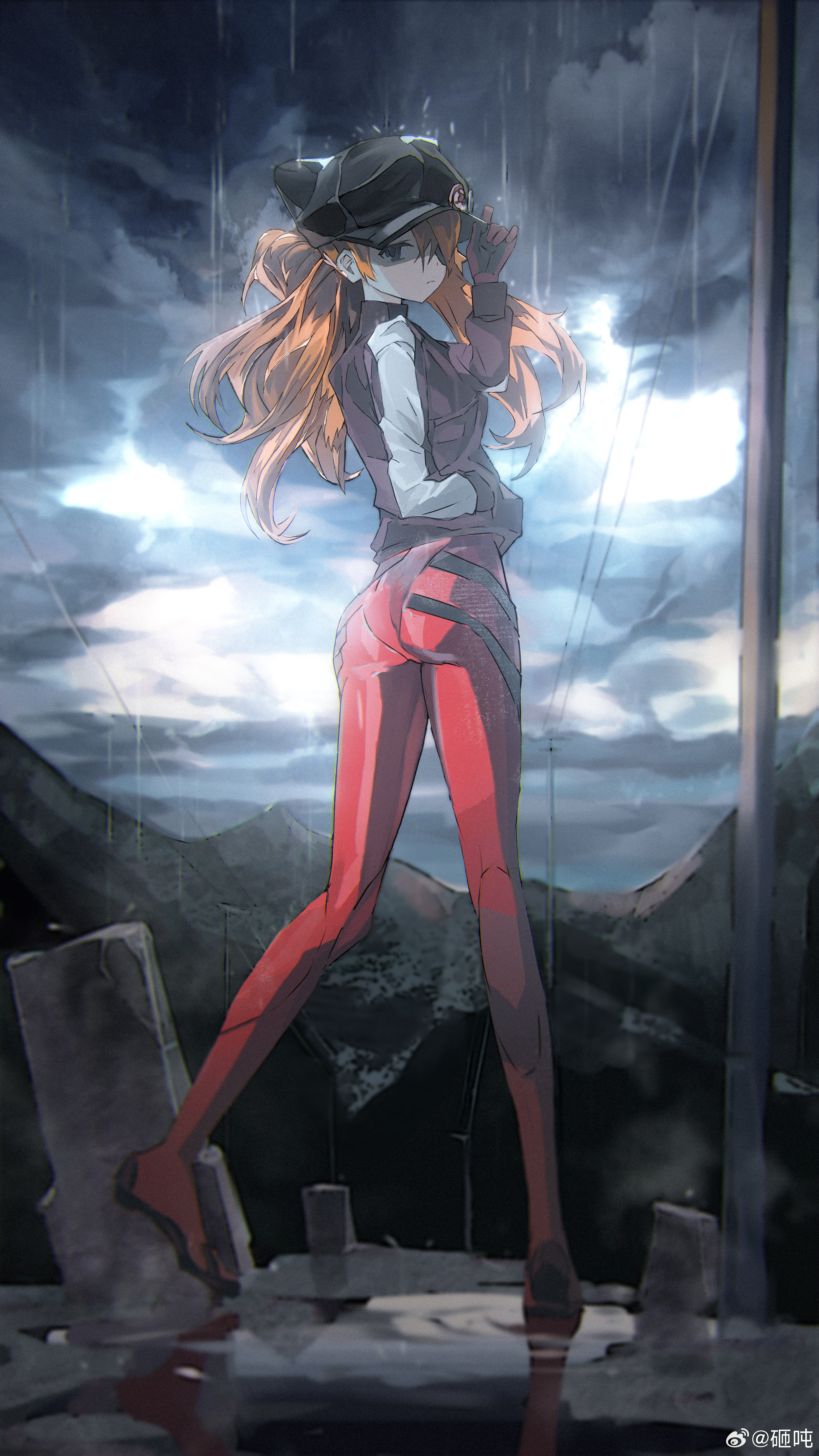 1girl absurdres animal_ear_headwear animal_ears black_gloves black_hat black_jacket closed_mouth cloud cloudy_sky evangelion:_3.0_you_can_(not)_redo eyepatch fake_animal_ears from_behind gloves grey_eyes hair_over_one_eye hand_in_pocket hat highres jacket long_hair looking_at_viewer neon_genesis_evangelion orange_hair pants rain rebuild_of_evangelion red_pants shaded_face sidelocks sky solo souryuu_asuka_langley tiptoes zadun