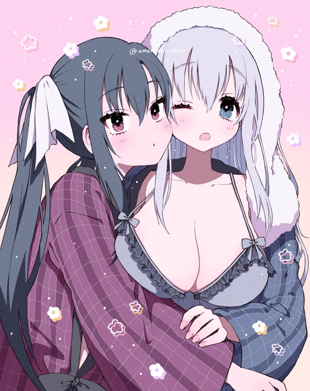 2girls :/ :o babydoll black_hair blue_eyes breasts cheek-to-cheek closed_mouth collarbone dot_nose dots flower gradient_background grey_babydoll hair_between_eyes hand_on_another&#039;s_arm heads_together highres hikawa_rina hug_from_side japanese_clothes kawachino_yuumi large_breasts leaning_forward long_hair long_sleeves looking_at_viewer multiple_girls one_eye_closed open_mouth orange_background pink_background red_eyes sakura_no_toki sakura_no_uta standing tareme towel towel_on_head tsurime twintails twitter_username umamochi_shiro upper_body white_hair wide_sleeves