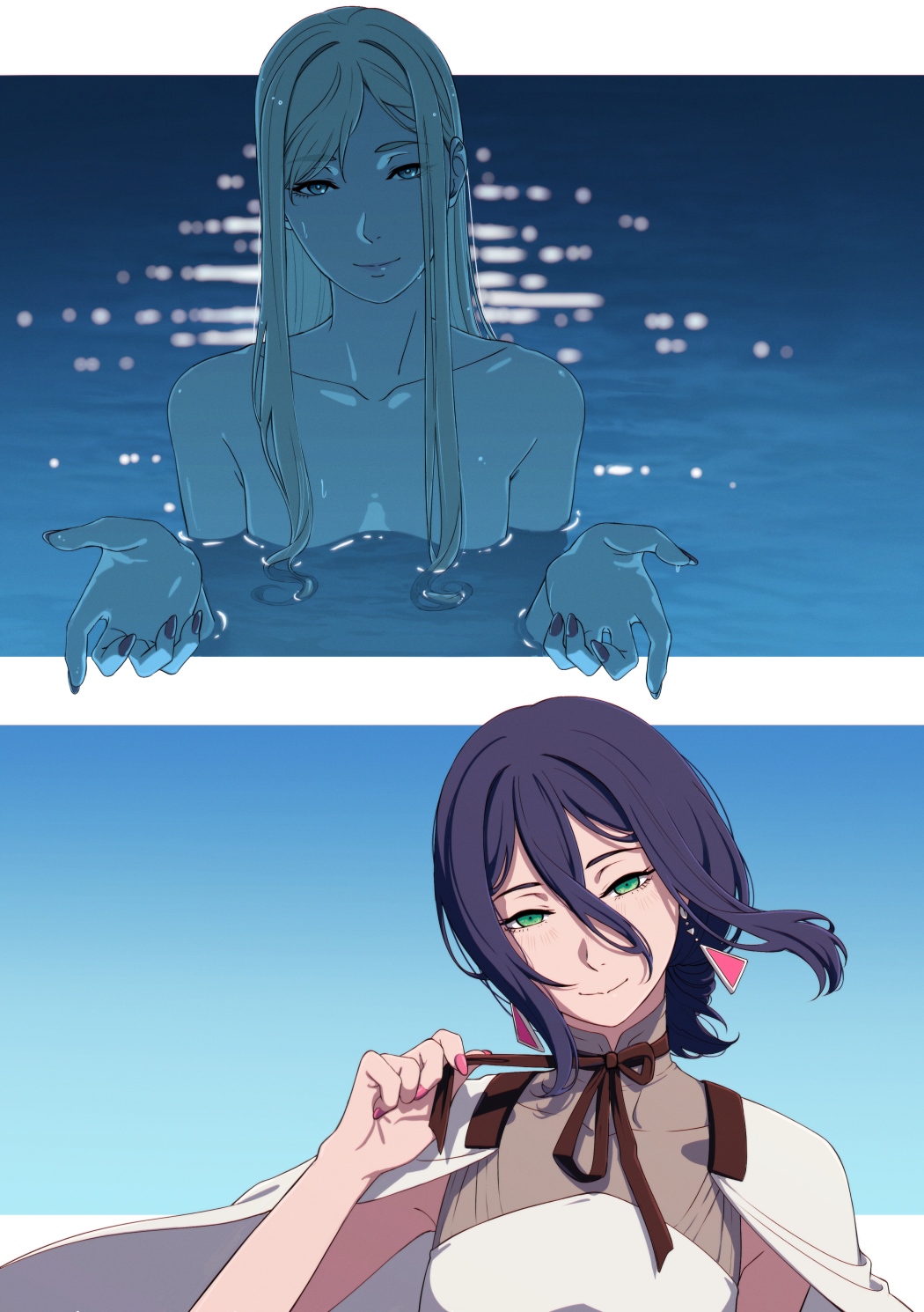 2girls blonde_hair blue_eyes blush cape chainsaw_man cosplay costume_switch crossover earrings enelous gigi_andalusia gigi_andalusia_(cosplay) green_eyes gundam gundam_hathaway&#039;s_flash highres i&#039;ll_teach_you_everything_(chainsaw_man) implied_nudity jewelry light_reflection_(water) long_hair looking_at_viewer movie_reference multiple_girls nail_polish parody partially_submerged pool purple_hair reze_(chainsaw_man) scene_reference short_hair smile triangle_earrings untying wet