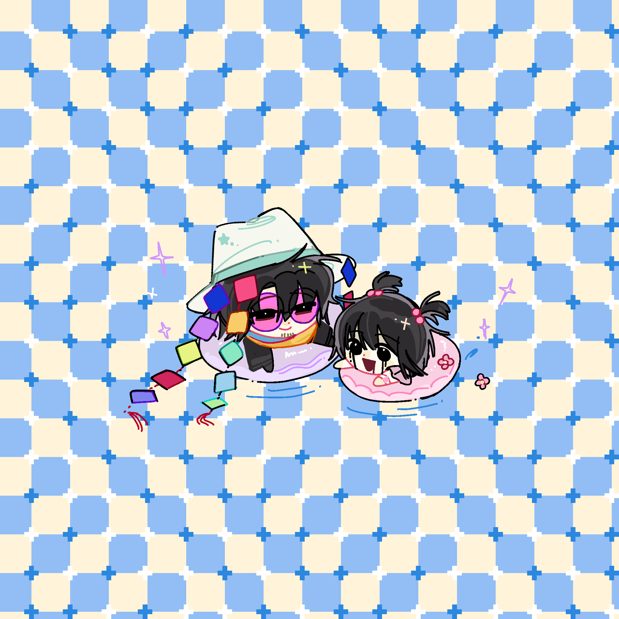 1boy 1girl beard_stubble black_eyes black_gloves black_hair black_shirt checkered_background chibi chibi_only chinese_commentary closed_mouth commentary_request facial_hair gloves hair_between_eyes hair_bobbles hair_ornament happy_aura hat highres huai_huizhi huai_yunqing huan-ye innertube long_sleeves open_mouth optical_illusion pink-tinted_eyewear pink_shirt primrose_field_illusion round_eyewear shirt short_hair short_twintails smile sparkle stubble swim_ring tinted_eyewear touqi_guaitan twintails white_hat