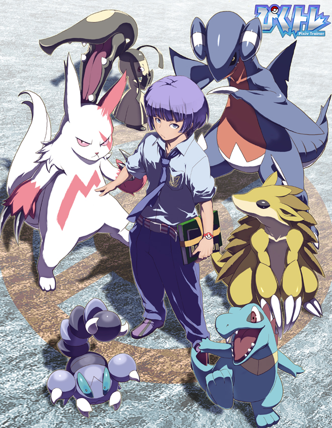 1boy book gabite gen_1_pokemon gen_2_pokemon gen_3_pokemon gen_4_pokemon mawile niccohudou nintendo pixiv pixiv_trainer pokemon pokemon_(creature) purple_eyes purple_hair sandslash school_uniform sexual_dimorphism skorupi totodile watch wristwatch zangoose