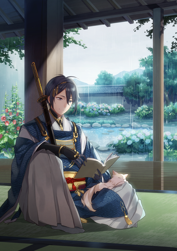 10s 1boy animal animal_on_lap black_gloves black_hair blue_eyes book cat cat_on_lap day flower full_body gloves hair_between_eyes holding holding_book hydrangea japanese_clothes katana male_focus mikazuki_munechika no_shoes on_lap open_book personification plant pond rain reading rock sayagata scabbard sheath sheathed sitting sky slice_of_life smile solo sword tassel tatami touken_ranbu tree weapon wooden_floor yuzuki_kihiro