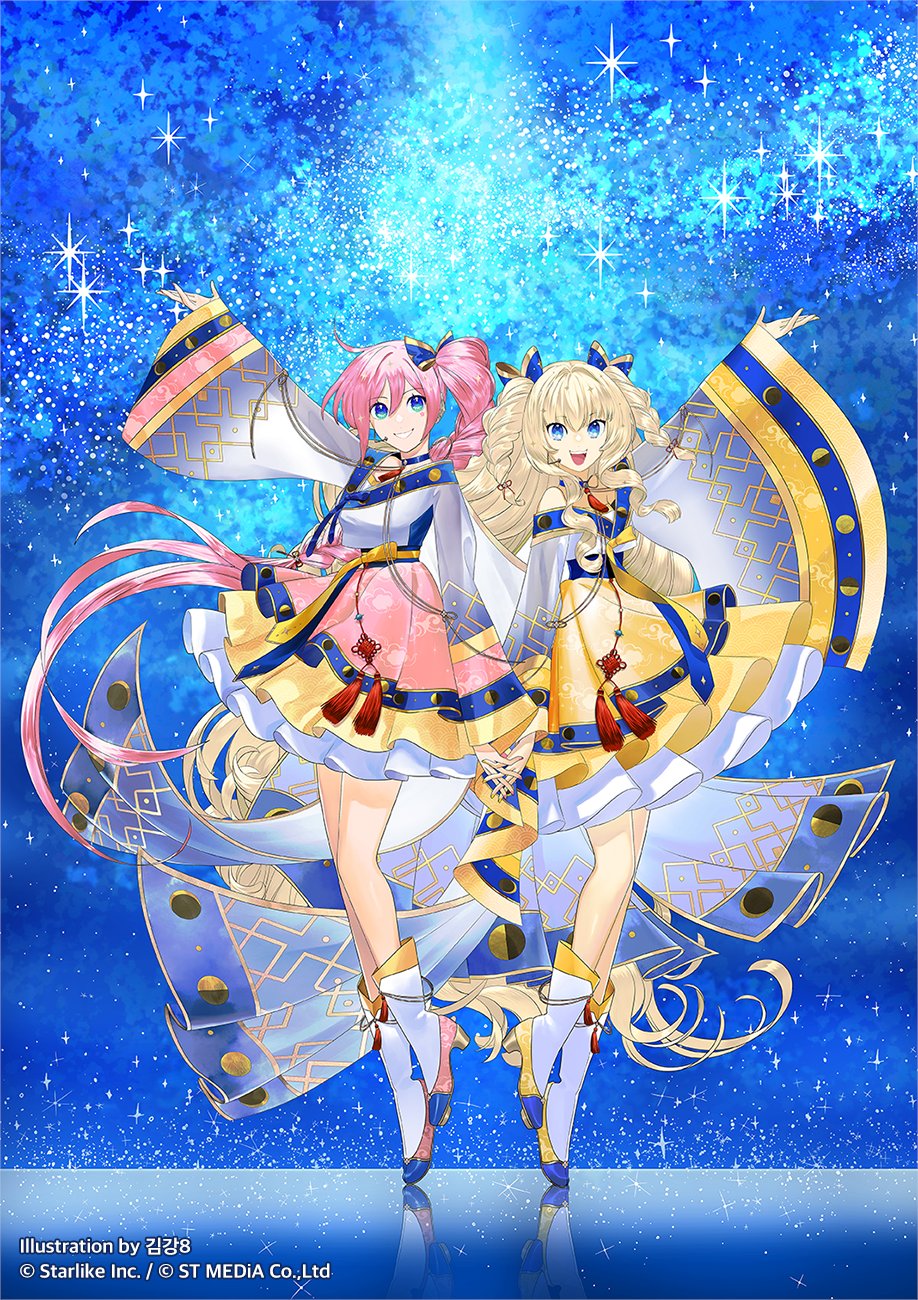 2girls :d arm_up artist_name blonde_hair blue_background blue_bow blue_eyes bow braid dress english_text facial_mark full_body full_moon goldenriver8 grin hair_bow half_moon highres korean_commentary leg_up moon moon_phases multiple_girls official_art open_mouth pink_hair second-party_source seeu serenade_universe shoes side_ponytail smile standing tassel teeth twin_braids uni_(vocaloid) upper_teeth_only vocaloid white_footwear wide_sleeves