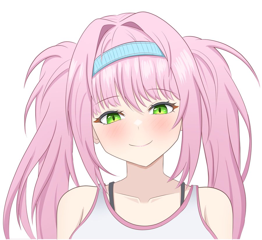 1girl green_eyes original pink_hair ponytail portrait self-upload smile solo tank_top white_background yissou_art