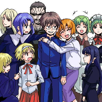 3boys 6+girls blonde_hair chie_rumiko cosplay crossover everyone furude_rika higurashi_no_naku_koro_ni houjou_satoko houjou_satoshi kasai_tatsuyoshi lowres maebara_keiichi multiple_boys multiple_girls oekaki ryuuguu_rena siblings sisters sonozaki_mion sonozaki_shion takano_miyo tsukihime twins