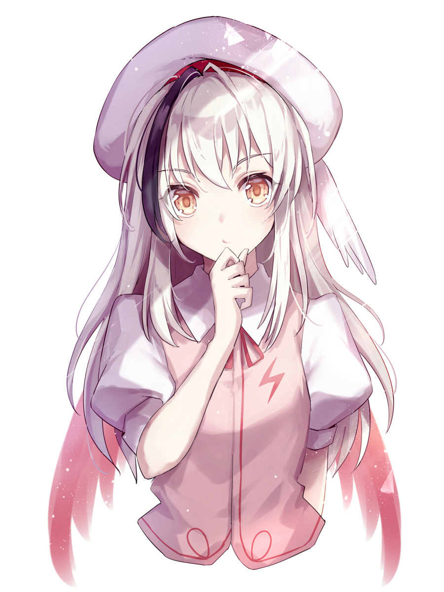 1girl akinomiya_asuka alternate_hair_length alternate_hairstyle black_hair closed_mouth collared_shirt commentary_request hand_on_own_chin hat highres hollow_song_of_birds long_hair multicolored_hair neck_ribbon original pink_vest puffy_short_sleeves puffy_sleeves red_ribbon ribbon shirt short_sleeves simple_background solo torisumi_horou touhou upper_body vest white_background white_hair white_hat white_shirt yellow_eyes