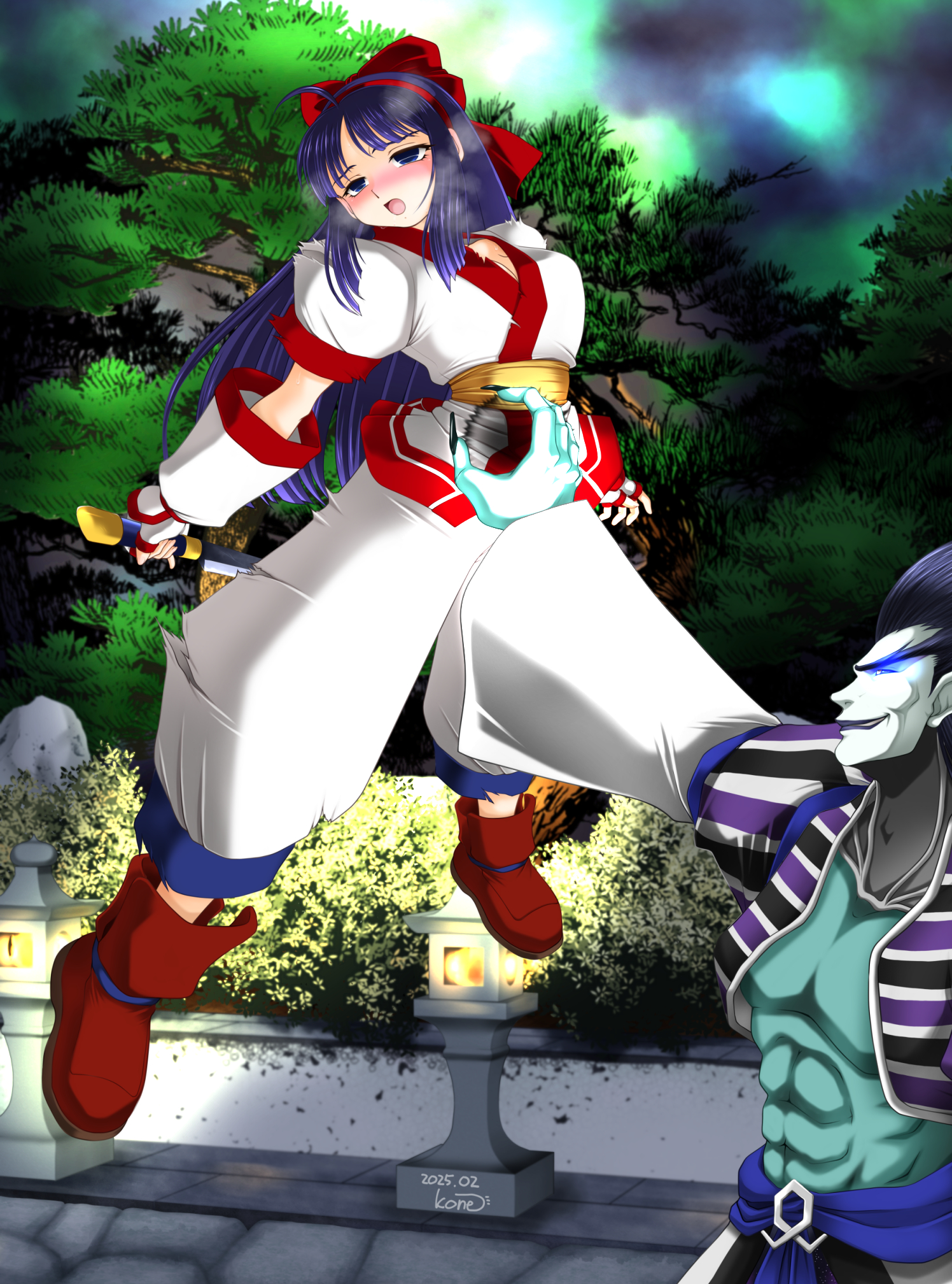 1boy 1girl ainu_clothes artist_name blue_eyes blush breasts dated evil_smile fingerless_gloves floating gloves hair_ribbon half-closed_eyes hand_on_another's_stomach heavy_breathing highres idaleekone kone/idalee large_breasts long_hair muscular muscular_male nakoruru open_mouth pants purple_hair ribbon samurai_spirits smile snk solo thighs tongue torn_clothes weapon yuga_(samurai_spirits)