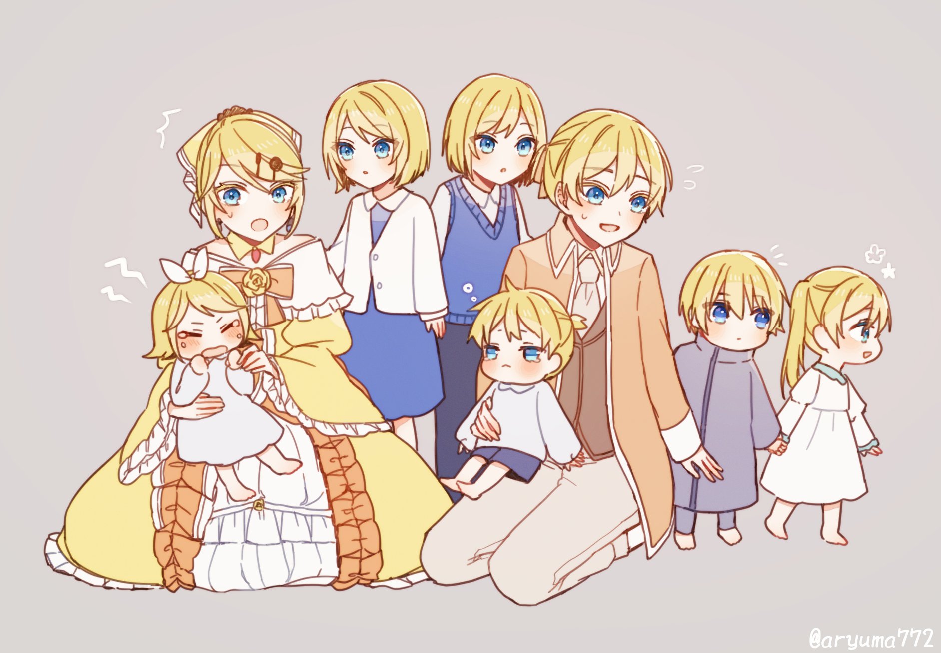 :< :o ^^^ adam_moonlit aged_down aku_no_meshitsukai_(vocaloid) aku_no_musume_(vocaloid) allen_avadonia aryuma772 ascot barefoot barisol_no_kodomo_wa_hitorikko_(vocaloid) behemo_barisol black_flower black_rose blonde_hair blue_dress blue_eyes blue_pants blue_shorts blue_sweater blue_sweater_vest blush bow brother_and_sister brown_pants brown_vest cardigan carrying carrying_person child choker coat collared_dress collared_jacket collared_shirt colored_eyelashes crying dress dress_flower eve_moonlit evillious_nendaiki flower flying_sweatdrops frilled_dress frilled_sleeves frills gretel_(evillious_nendaiki) grey_background hair_bow hair_down hair_ornament hair_ribbon hairclip half-closed_eyes hansel_(evillious_nendaiki) high_ponytail highres holding_hands jacket juliet_sleeves kagamine_len kagamine_rin kneeling levia_barisol long_sleeves master_of_the_heavenly_yard_(vocaloid) medium_hair off-shoulder_dress off_shoulder okizari_tsukiyo_shou_(vocaloid) open_mouth orange_bow orange_coat orange_jacket pants petticoat pinafore_dress ponytail puffy_sleeves reincarnation ribbon riliane_lucifen_d'autriche rose shirt short_hair short_ponytail shorts siblings sidelocks sitting sitting_on_lap sitting_on_person sleepy sleeveless sleeveless_dress sweatdrop sweater sweater_vest swept_bangs tantrum tearing_up tsurime twins twintails twitter_username updo vest vocaloid walking_away white_bow white_cardigan white_dress white_sweater wide_sleeves yellow_bow yellow_choker yellow_dress yellow_flower yellow_rose