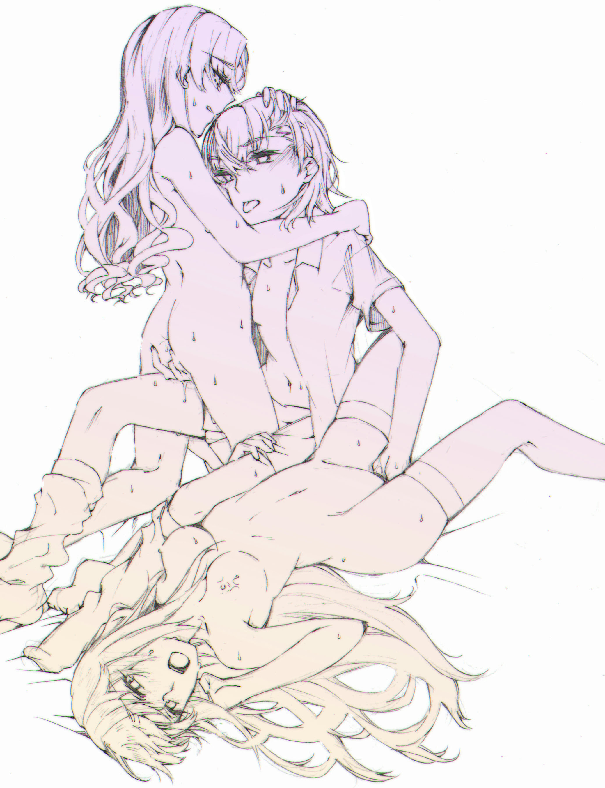 3girls absurdres arched_back arm_around_leg ass blush breasts commentary_request dress_shirt fingering flat_chest group_sex hand_on_another's_chest hand_on_another's_head higashizukihi_sei highres limited_palette long_hair looking_at_viewer loose_socks lying medium_breasts misaka_mikoto monochrome multiple_girls navel nipples nude on_back open_clothes open_mouth pussy_juice saliva sex shirai_kuroko shirt shokuhou_misaki short_hair short_sleeves simple_background sketch small_breasts socks spread_legs straddling sweat thigh_straddling thighhighs threesome toaru_kagaku_no_railgun toaru_majutsu_no_index tongue tongue_out uncensored vaginal very_long_hair wavy_hair yuri
