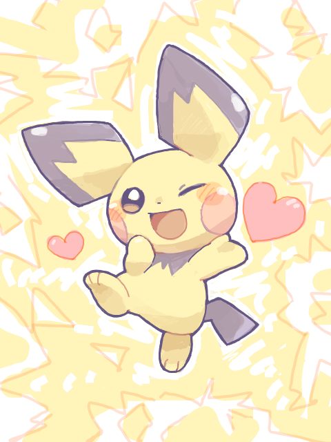 ;d commentary full_body gen_2_pokemon hand_on_own_chin hand_on_own_face hands_up happy heart heart_floating_above_hand light_blush nintendo no_humans oekaki one_eye_closed open_mouth outline pichu pokemon pokemon_(creature) pokemon_focus smile solo standing standing_on_one_leg tail tansho tegaki tiptoes white_outline yellow_background yellow_theme
