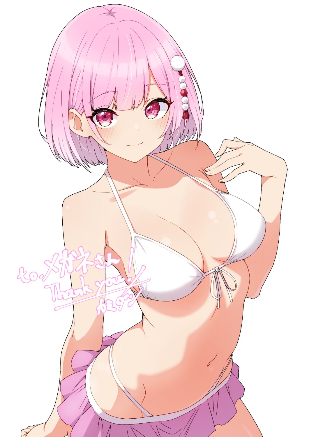 1girl bikini blush breasts chinatsu_misaki_(vtuber) closed_mouth collarbone commission front-tie_bikini_top front-tie_top hair_ornament highres indie_virtual_youtuber kamidan looking_at_viewer medium_breasts medium_hair navel pink_eyes pink_hair pink_skirt simple_background skeb_commission skirt smile solo stomach swimsuit thank_you thighs virtual_youtuber white_background white_bikini