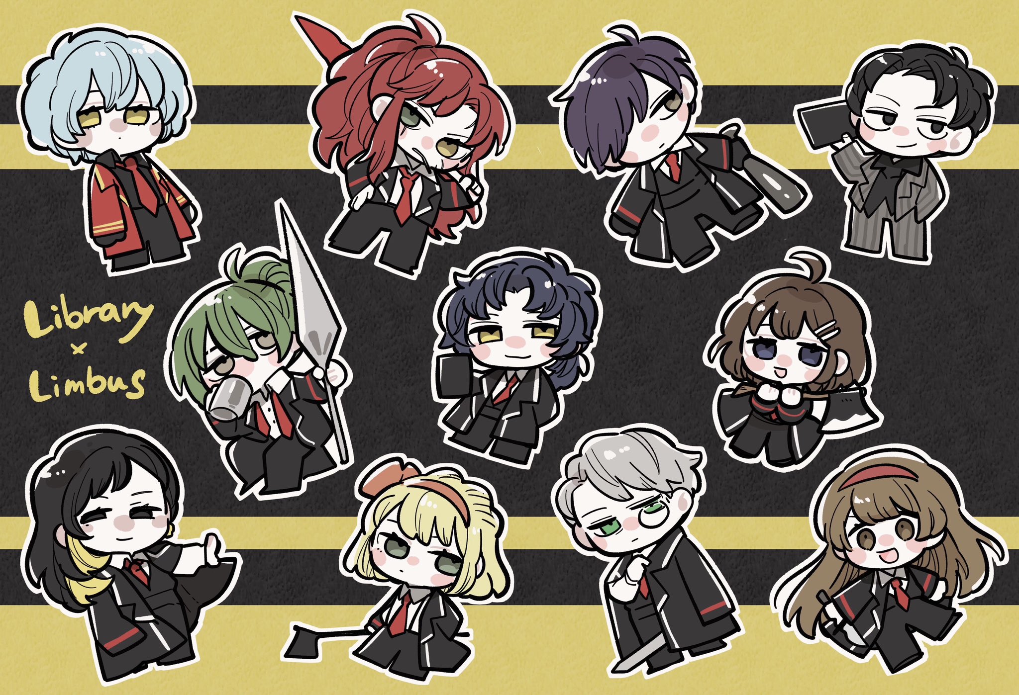 5boys 6+girls :d angela_(project_moon) axe baseball_bat binah_(project_moon) black_background black_coat black_eyes black_gloves black_hair black_pants black_shirt black_vest blonde_hair blue_eyes blue_hair border bow brown_eyes brown_hair chesed_(project_moon) chibi closed_mouth coat coffee_mug collared_shirt colored_inner_hair cosplay cup dante_(limbus_company) dante_(limbus_company)_(cosplay) drink e.g.o_(project_moon) full_body gebura_(project_moon) gloves green_eyes green_hair grey_eyes grey_hair grey_jacket hair_bow hairband heterochromia highres hod_(project_moon) hokma_(project_moon) holding holding_axe holding_polearm holding_weapon jacket kojocho05 lcb_uniform_(project_moon) library_of_ruina limbus_company living_weapon long_hair long_sleeves looking_at_viewer malkuth_(project_moon) mimicry_(e.g.o) mug multicolored_hair multiple_boys multiple_girls necktie netzach_(project_moon) open_mouth orange_bow orange_hairband pants parted_bangs polearm ponytail project_moon purple_hair red_coat red_hair red_hairband red_necktie roland_(project_moon) scar scar_across_eye scar_on_face shirt short_hair simple_background smile standing tiphereth_a_(project_moon) undone_necktie vergilius_(project_moon) vergilius_(project_moon)_(cosplay) vest weapon white_shirt yellow_border yellow_eyes yesod_(project_moon)