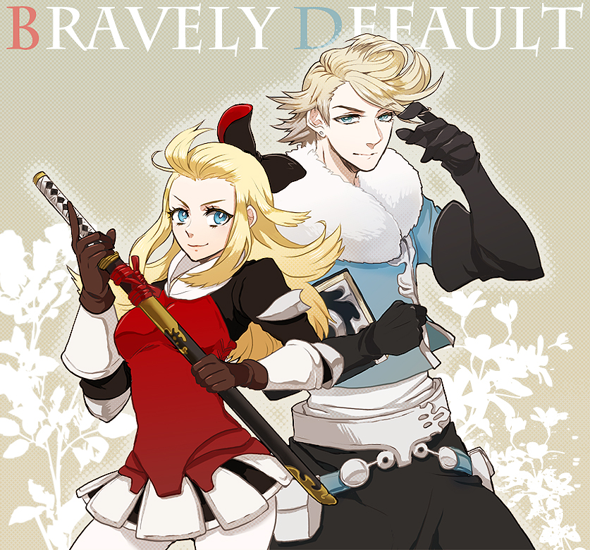 1boy 1girl blonde_hair blue_eyes bow bravely_default:_flying_fairy bravely_default_(series) breasts closed_mouth commentary_request edea_lee elbow_gloves gloves hair_bow katana long_hair looking_at_viewer pantyhose ringabel senbe_(motimotio) sword weapon