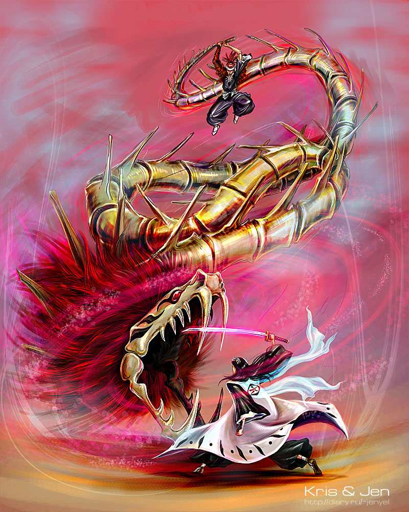 2boys abarai_renji bankai battle black_hair bleach epic haori japanese_clothes jen-and-kris katana kris&amp;jen kuchiki_byakuya long_hair male_focus multiple_boys red_hair scarf skeleton snake sword taichou_haori weapon zabimaru