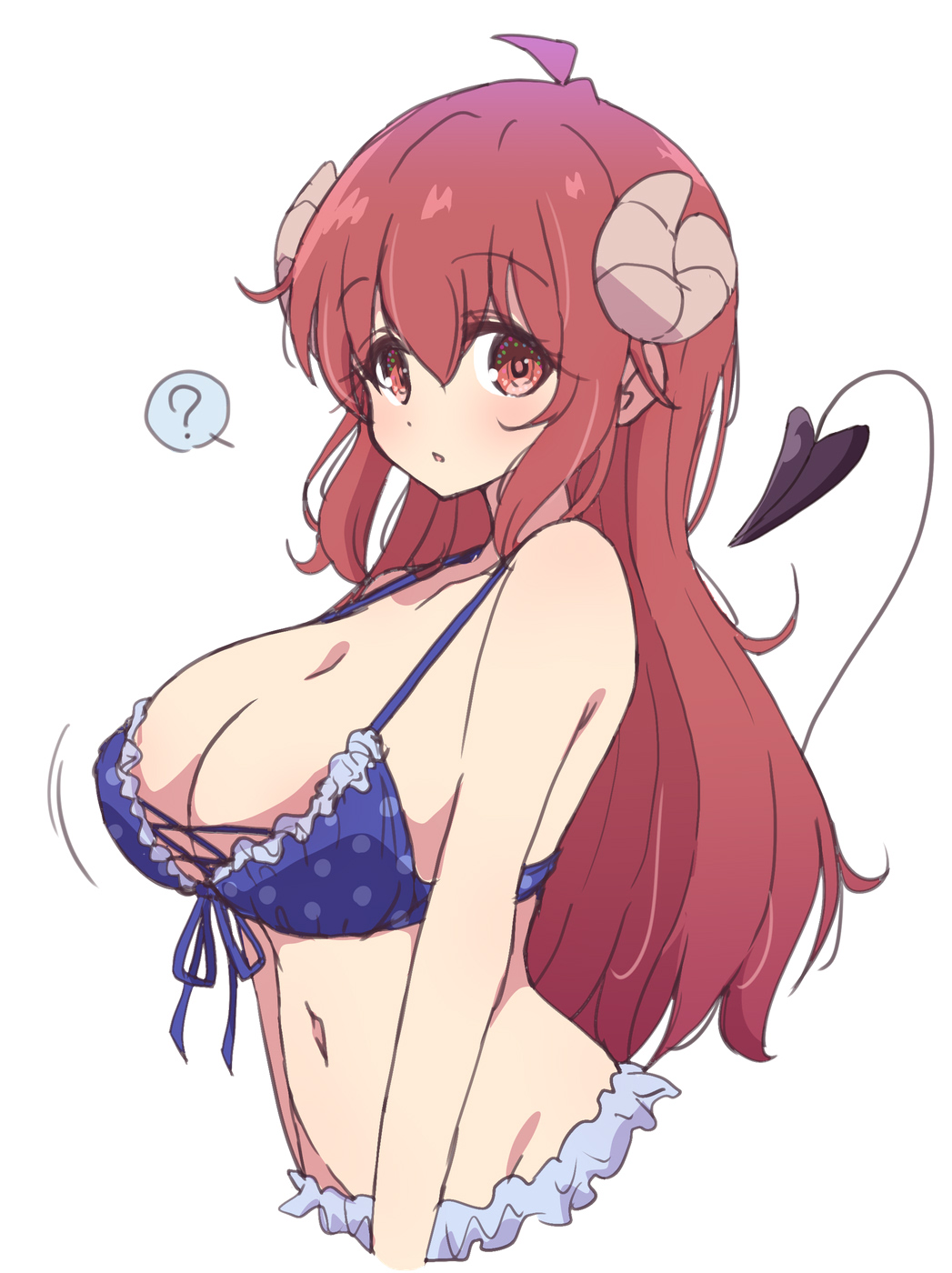 1girl ? bikini blue_bikini breasts brown_horns cleavage collarbone commentary_request curled_horns demon_girl demon_horns demon_tail highres horns large_breasts long_hair looking_at_viewer machikado_mazoku mel_(melty_pot) polka_dot polka_dot_bikini red_eyes red_hair solo spoken_question_mark swimsuit tail yoshida_yuuko_(machikado_mazoku)