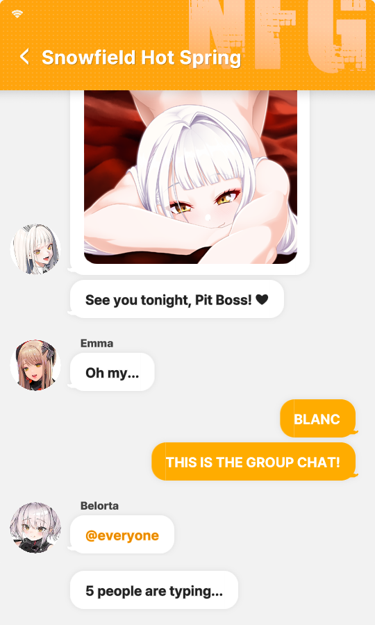 3girls belorta_(nikke) blanc_(nikke) chat_log completely_nude emma_(nikke) english_text fang goddess_of_victory:_nikke incognigoat long_hair looking_at_viewer multiple_girls nude skin_fang solo top-down_bottom-up white_hair yellow_eyes