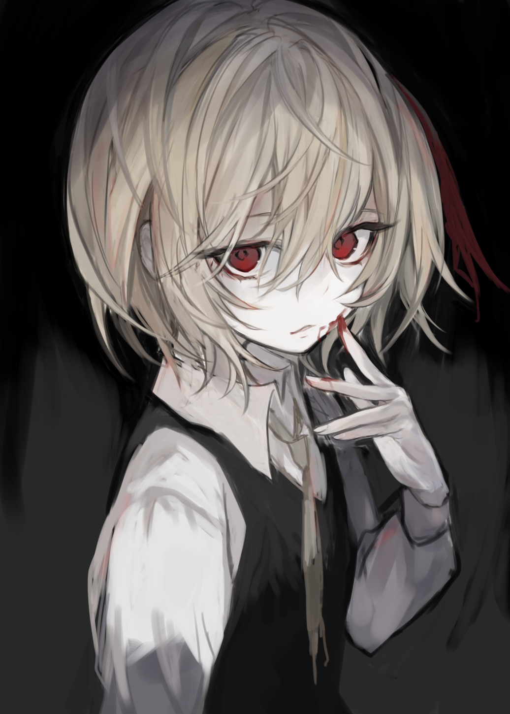 1girl black_background black_vest blood dark_background eyebrows_hidden_by_hair hair_between_eyes hair_over_eyes hasunokaeru highres long_sleeves looking_at_viewer red_eyes rumia shirt short_hair simple_background solo touhou upper_body vest white_shirt wing_collar