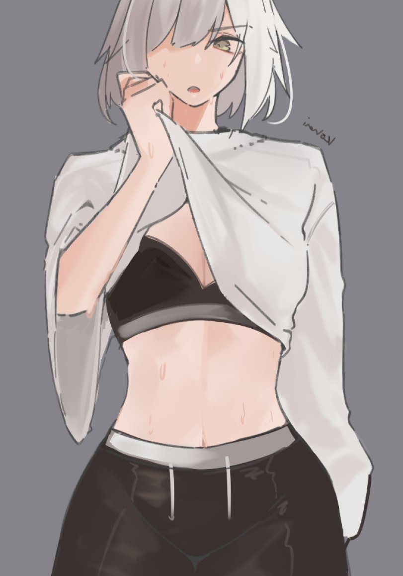 1girl arknights black_pants black_sports_bra breasts cleavage clothes_lift drawstring grey_background grey_eyes hand_on_own_wrist kal&#039;tsit_(arknights) large_breasts long_sleeves nuggetkouhai pants shirt shirt_lift short_hair signature simple_background solo sports_bra sweat white_hair white_shirt wide_sleeves wiping_sweat yoga_pants