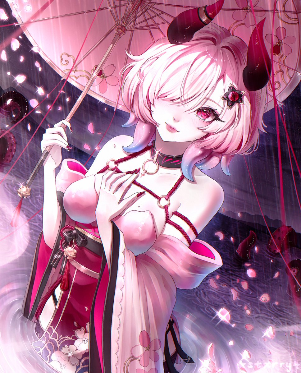 1girl bare_shoulders bell black_bow black_collar black_horns bow breasts closed_mouth collar collarbone falling_petals floral_print gradient_horns hair_ornament hair_over_one_eye hand_on_own_chest heart heart-shaped_pupils highres holding holding_umbrella horns indie_virtual_youtuber iomaya_(vtuber) lips mole mole_on_breast monster_girl multicolored_horns night night_sky partially_submerged petals pink_eyes pink_nails red_horns scylla sky solo stxrry4 symbol-shaped_pupils tassel tentacle_hair tentacles umbrella virtual_youtuber water wide_sleeves